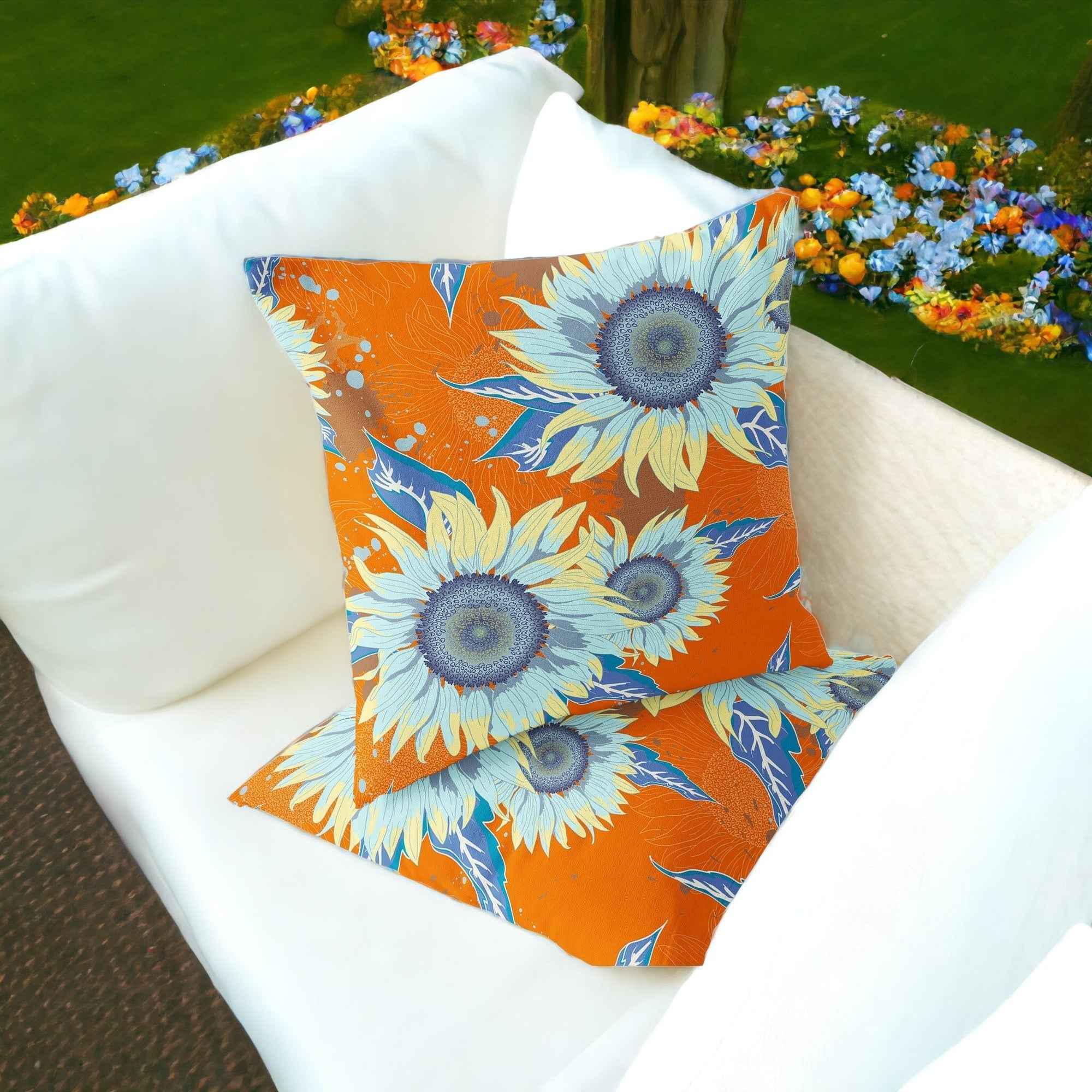 Set of Two 16" X 16" Blue and Yellow Blown Seam Floral Indoor Outdoor Throw Pillow