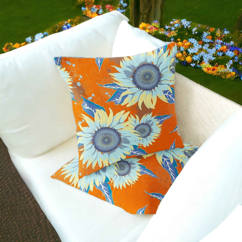 Set of Two 16" X 16" Blue and Yellow Blown Seam Floral Indoor Outdoor Throw Pillow