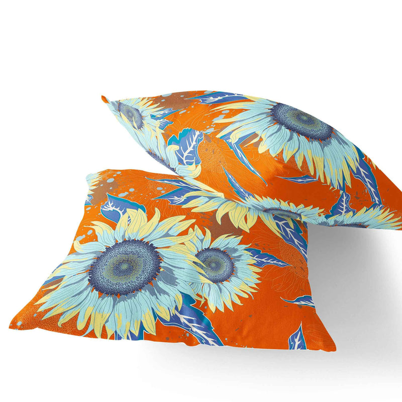 Set of Two 16" X 16" Blue and Yellow Blown Seam Floral Indoor Outdoor Throw Pillow