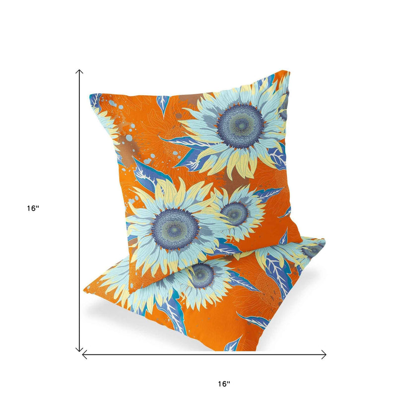 Set of Two 16" X 16" Blue and Yellow Blown Seam Floral Indoor Outdoor Throw Pillow