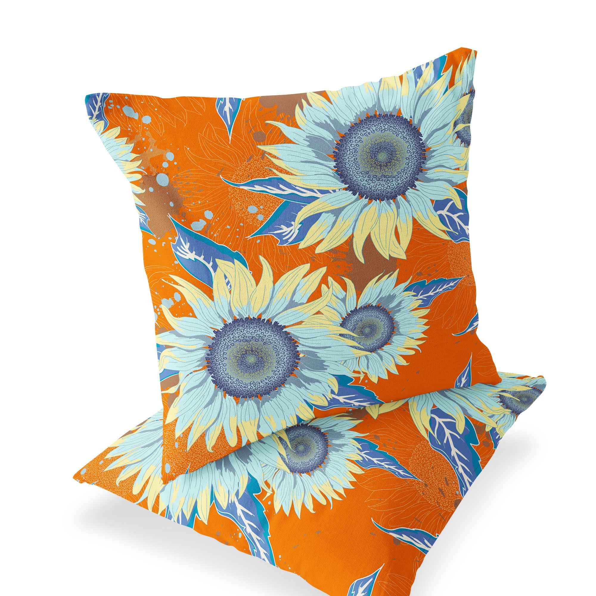 Set of Two 16" X 16" Blue and Yellow Blown Seam Floral Indoor Outdoor Throw Pillow
