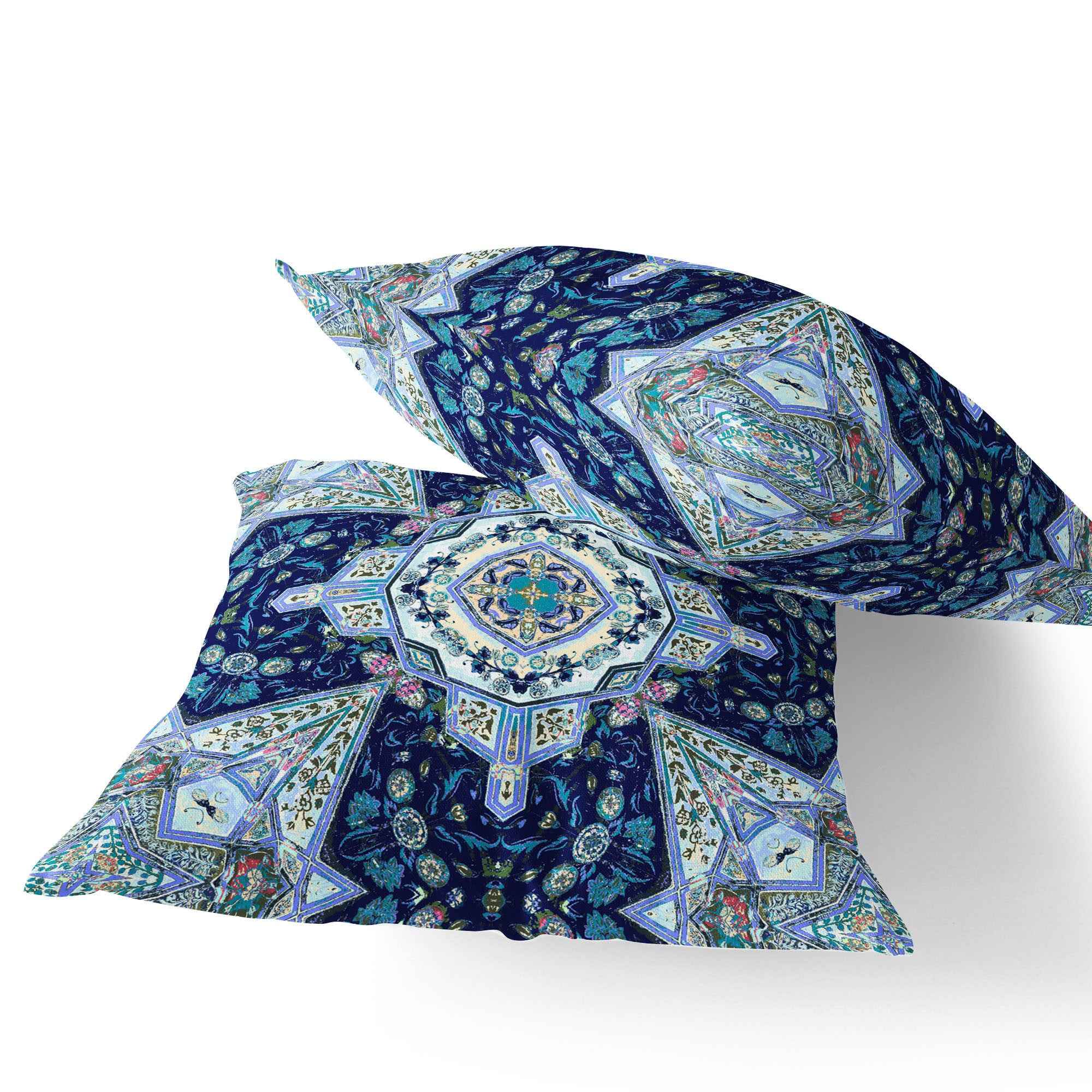 Set of Two 16" X 16" Blue and Green Blown Seam Floral Indoor Outdoor Throw Pillow