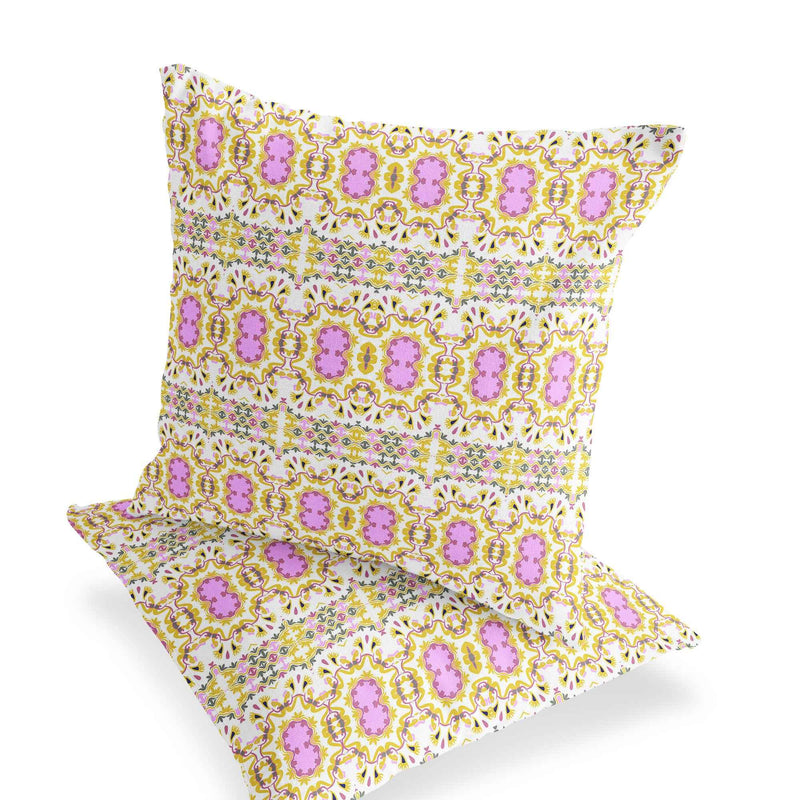 Set of Two 16" X 16" Yellow and White Blown Seam Floral Indoor Outdoor Throw Pillow