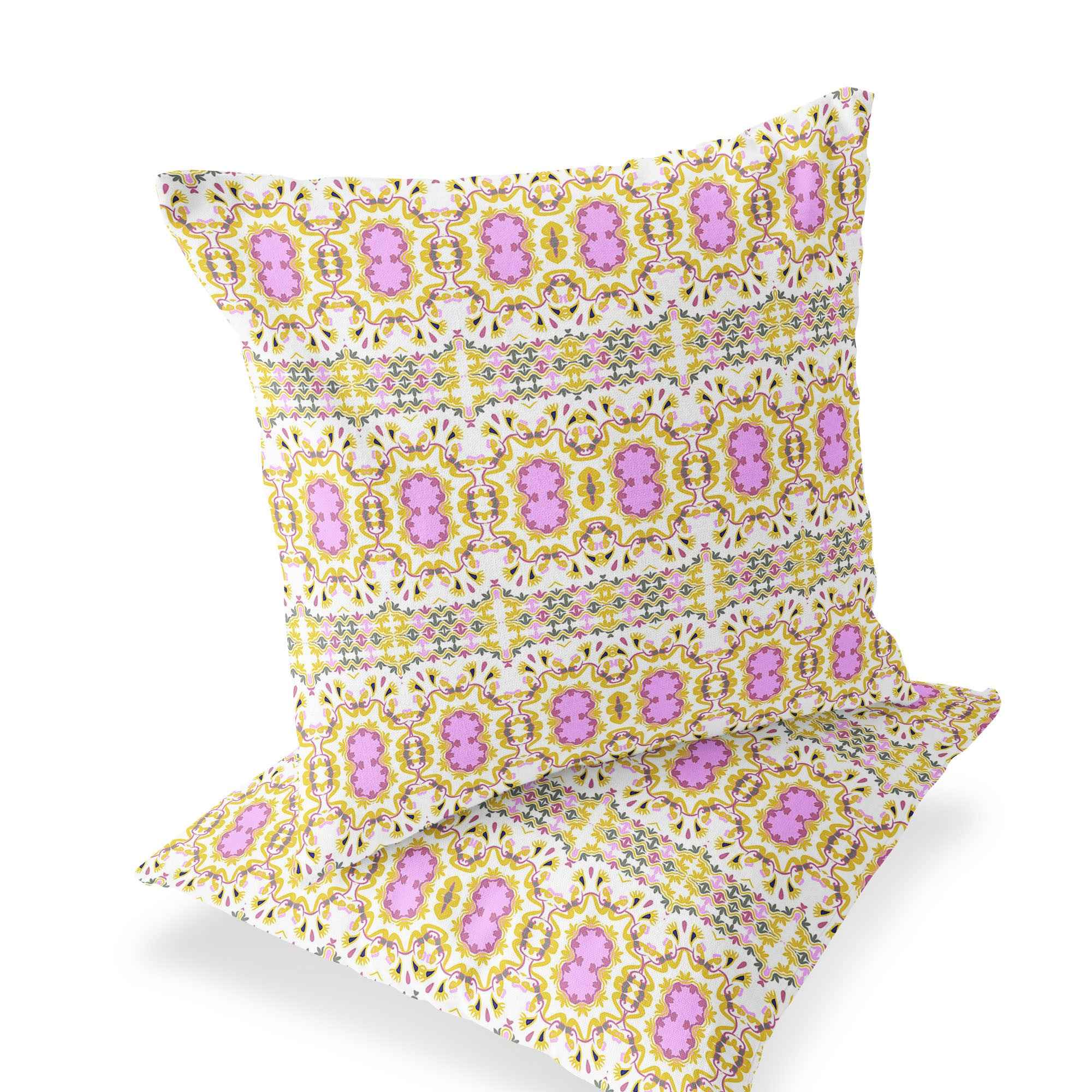 Set of Two 16" X 16" Yellow and White Blown Seam Floral Indoor Outdoor Throw Pillow