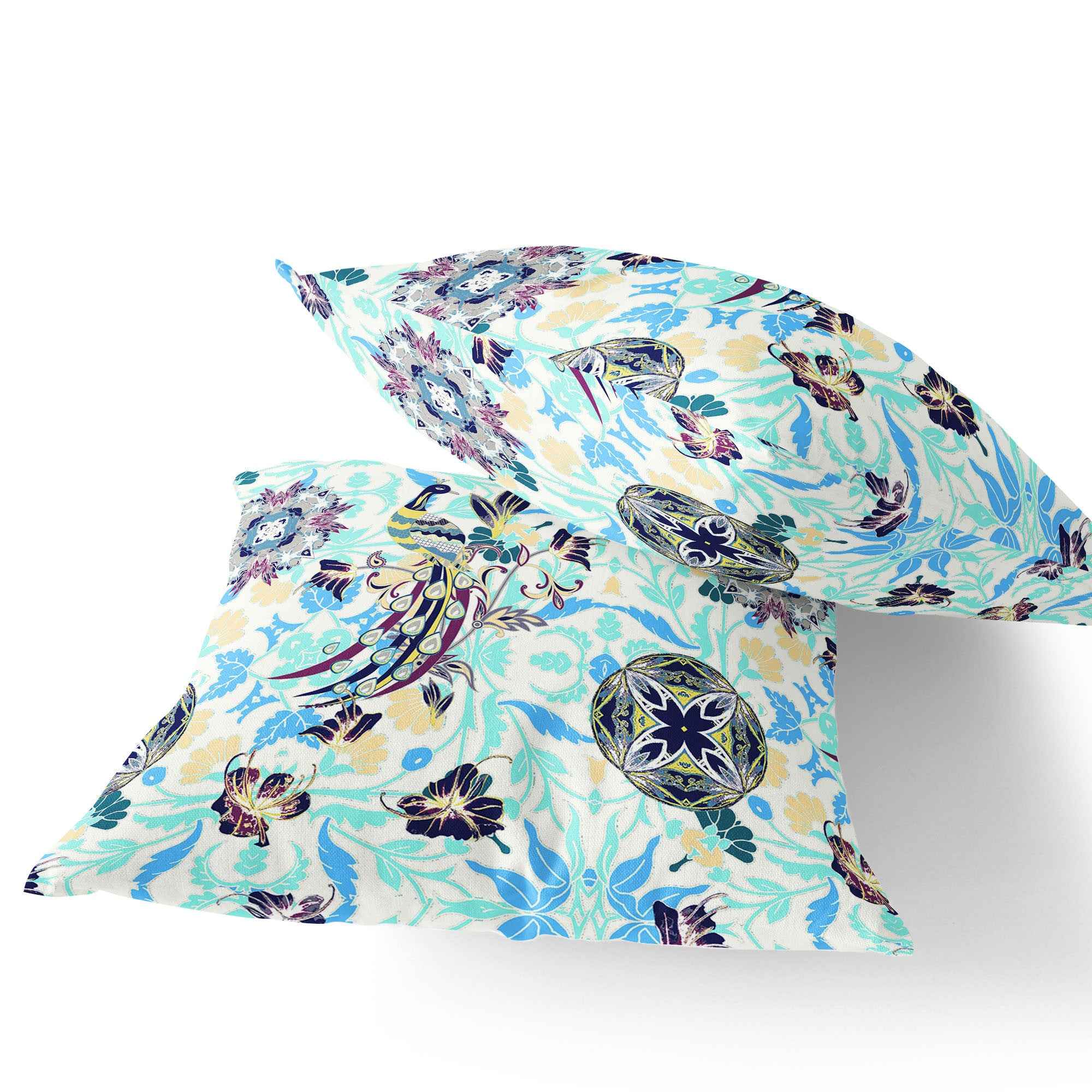 Set of Two 16" X 16" Blue and White Peacock Blown Seam Eclectic Indoor Outdoor Throw Pillow