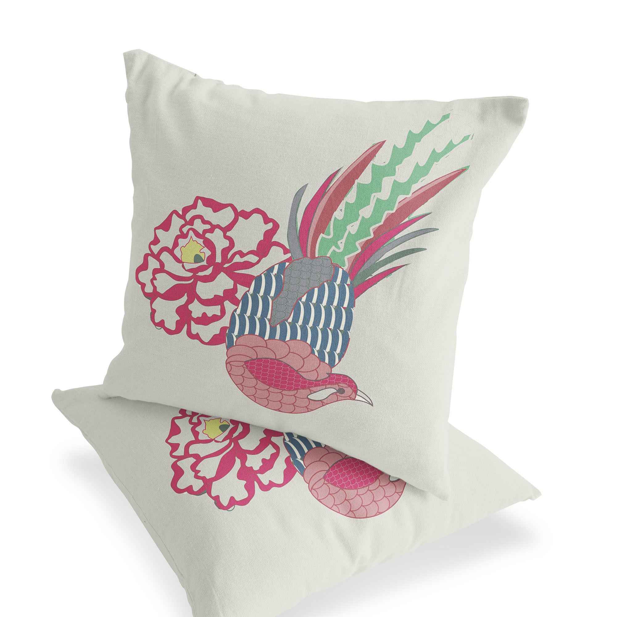 Set of Two 16" X 16" Pink and White Peacock Blown Seam Floral Indoor Outdoor Throw Pillow