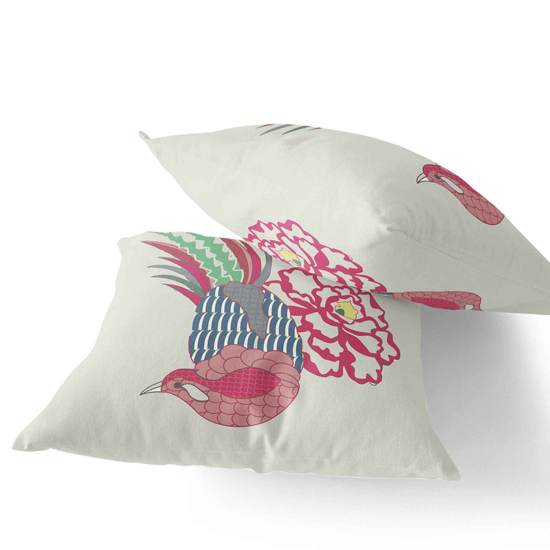 Set of Two 16" X 16" Pink and White Peacock Blown Seam Floral Indoor Outdoor Throw Pillow