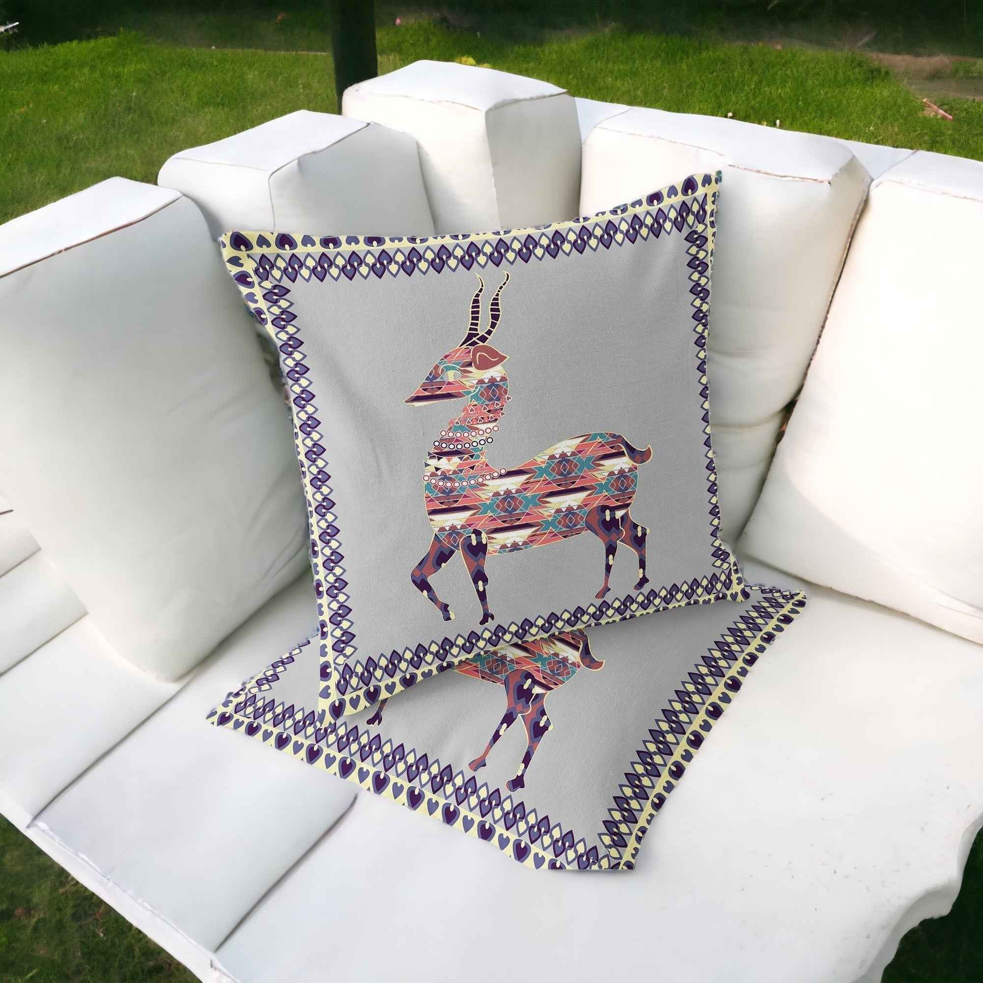 Set of Two 16" X 16" Gray and Purple Deer Blown Seam Animal Print Indoor Outdoor Throw Pillow
