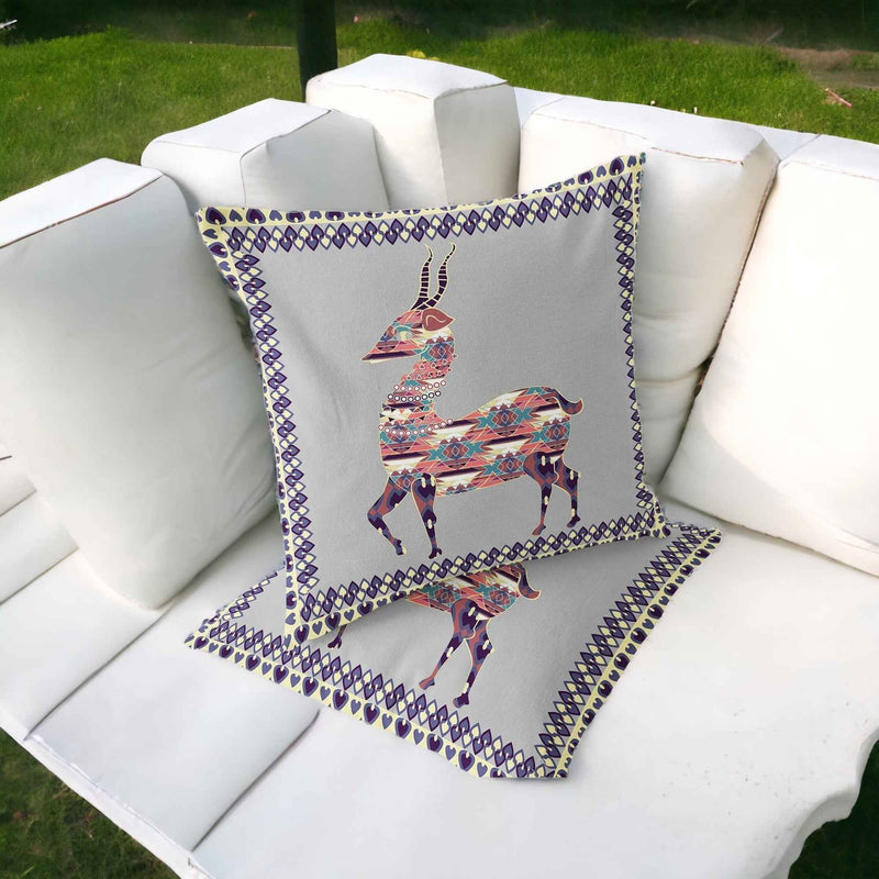 Set of Two 16" X 16" Gray and Purple Deer Blown Seam Animal Print Indoor Outdoor Throw Pillow