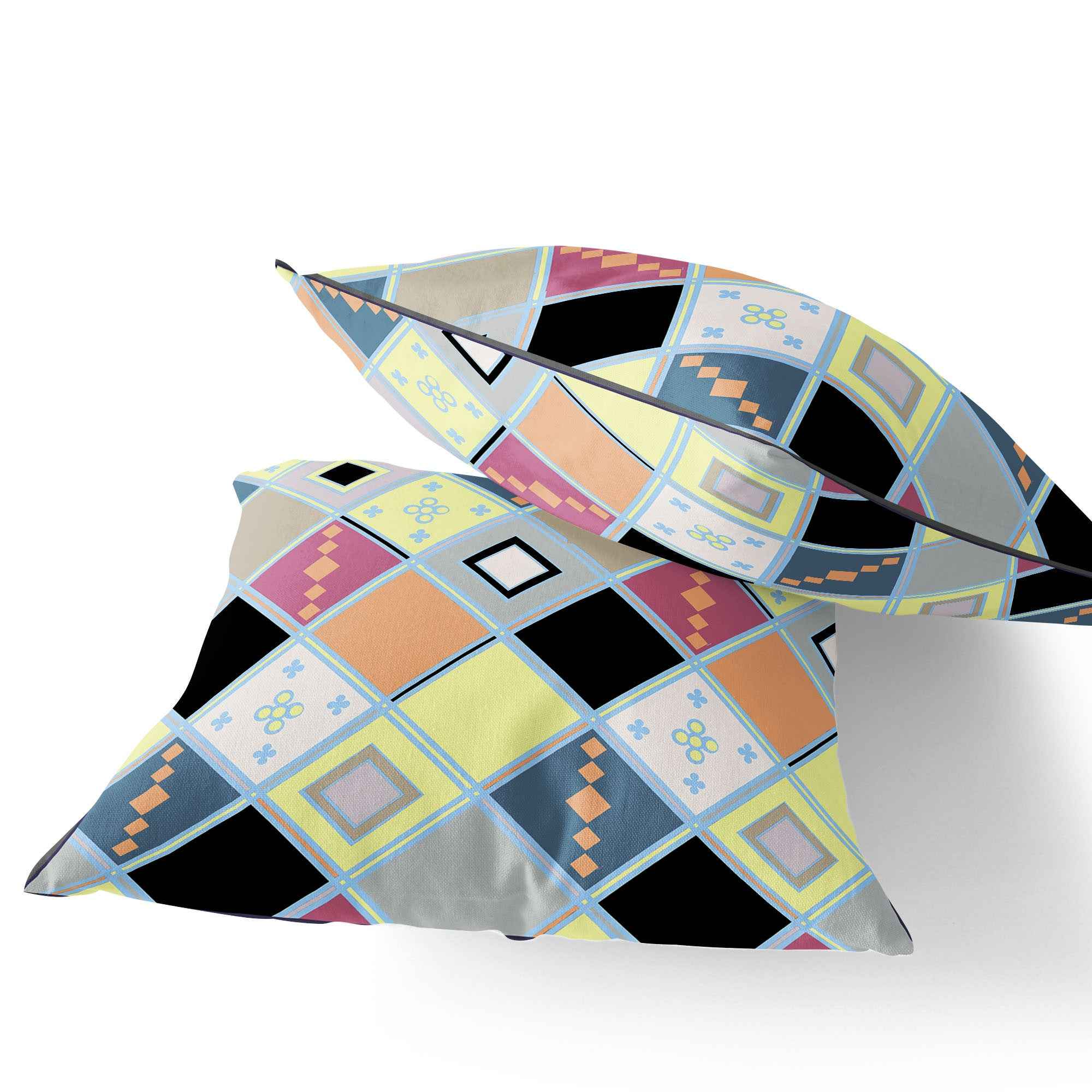 Set of Two 16" X 16" Yellow and Black Blown Seam Diamond Indoor Outdoor Throw Pillow