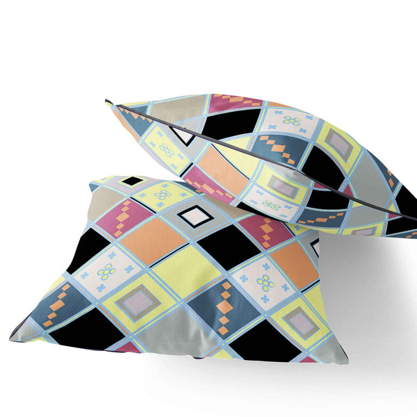 Set of Two 16" X 16" Yellow and Black Blown Seam Diamond Indoor Outdoor Throw Pillow