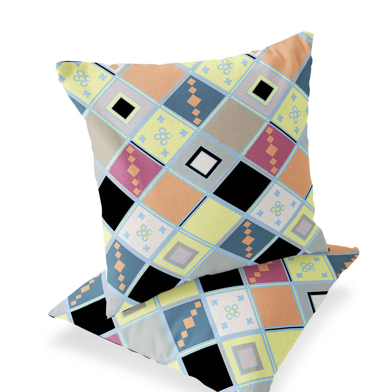 Set of Two 16" X 16" Yellow and Black Blown Seam Diamond Indoor Outdoor Throw Pillow