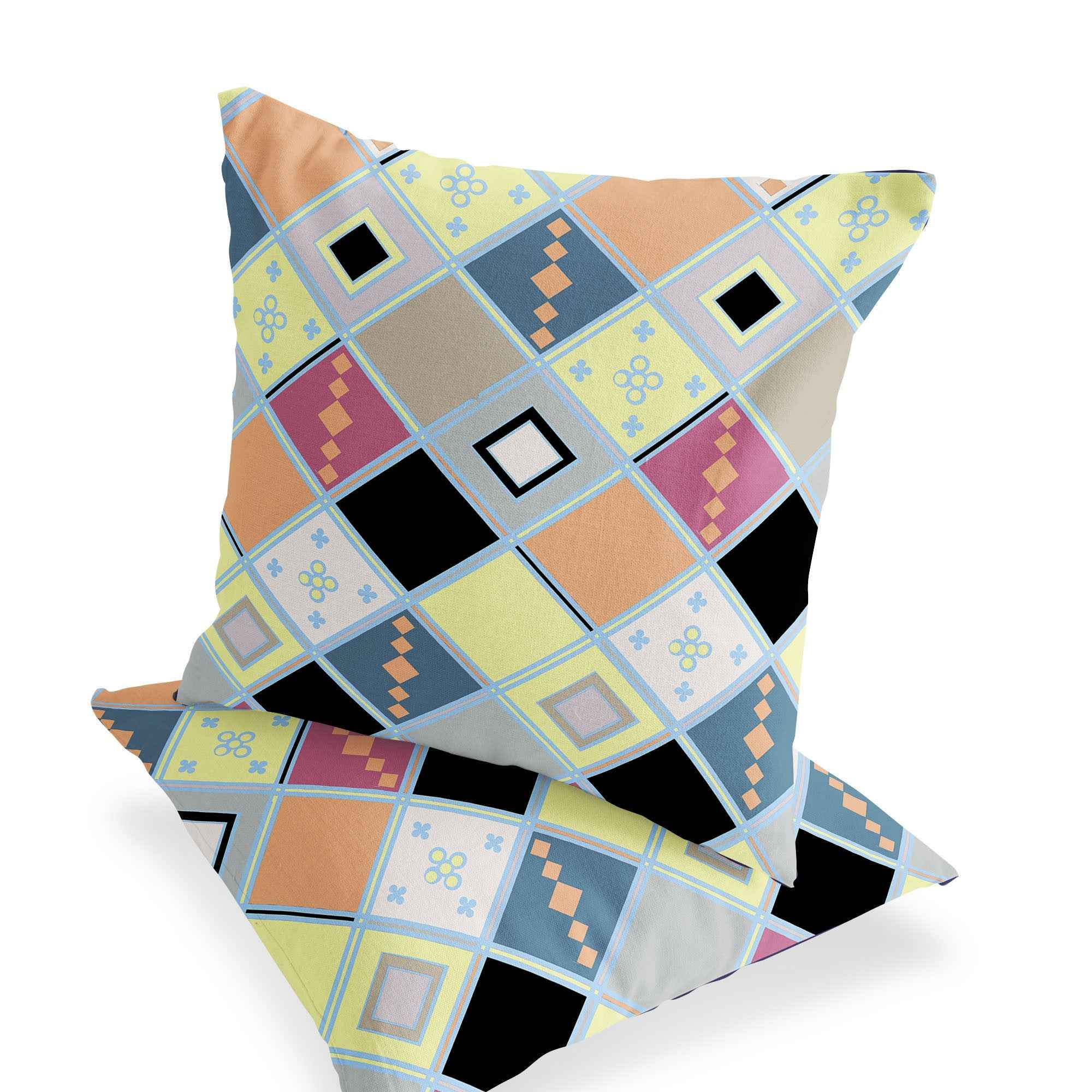 Set of Two 16" X 16" Yellow and Black Blown Seam Diamond Indoor Outdoor Throw Pillow