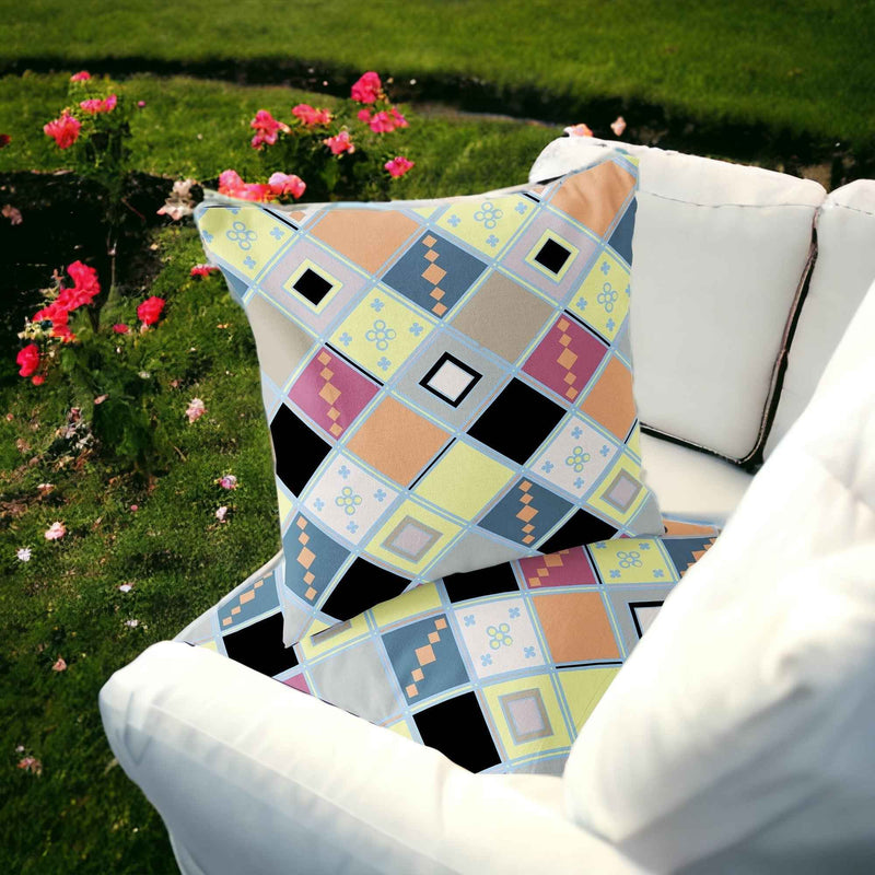 Set of Two 16" X 16" Yellow and Black Blown Seam Diamond Indoor Outdoor Throw Pillow