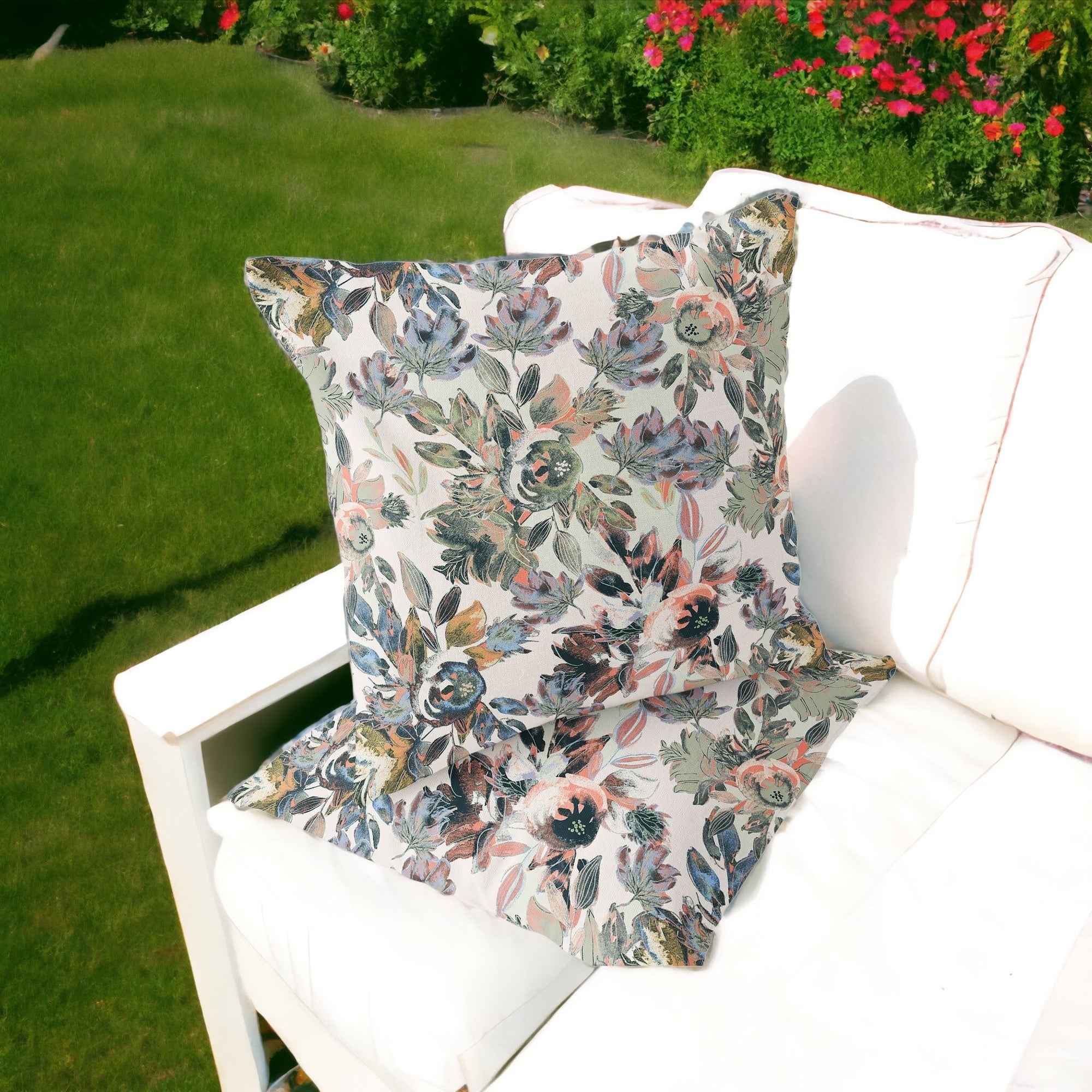 Set of Two 16" X 16" Pink and White Blown Seam Floral Indoor Outdoor Throw Pillow