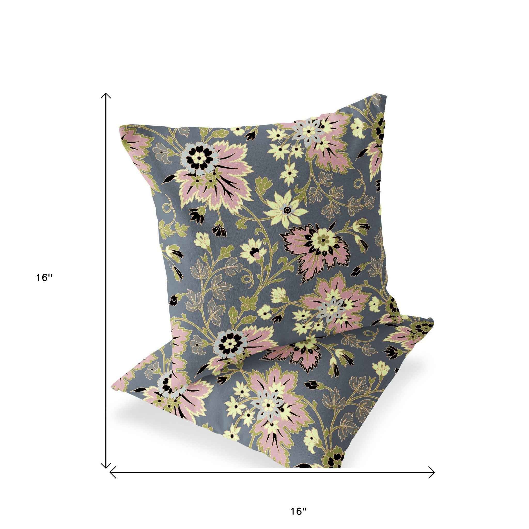 Set of Two 16" X 16" Gray and Pink Blown Seam Floral Indoor Outdoor Throw Pillow