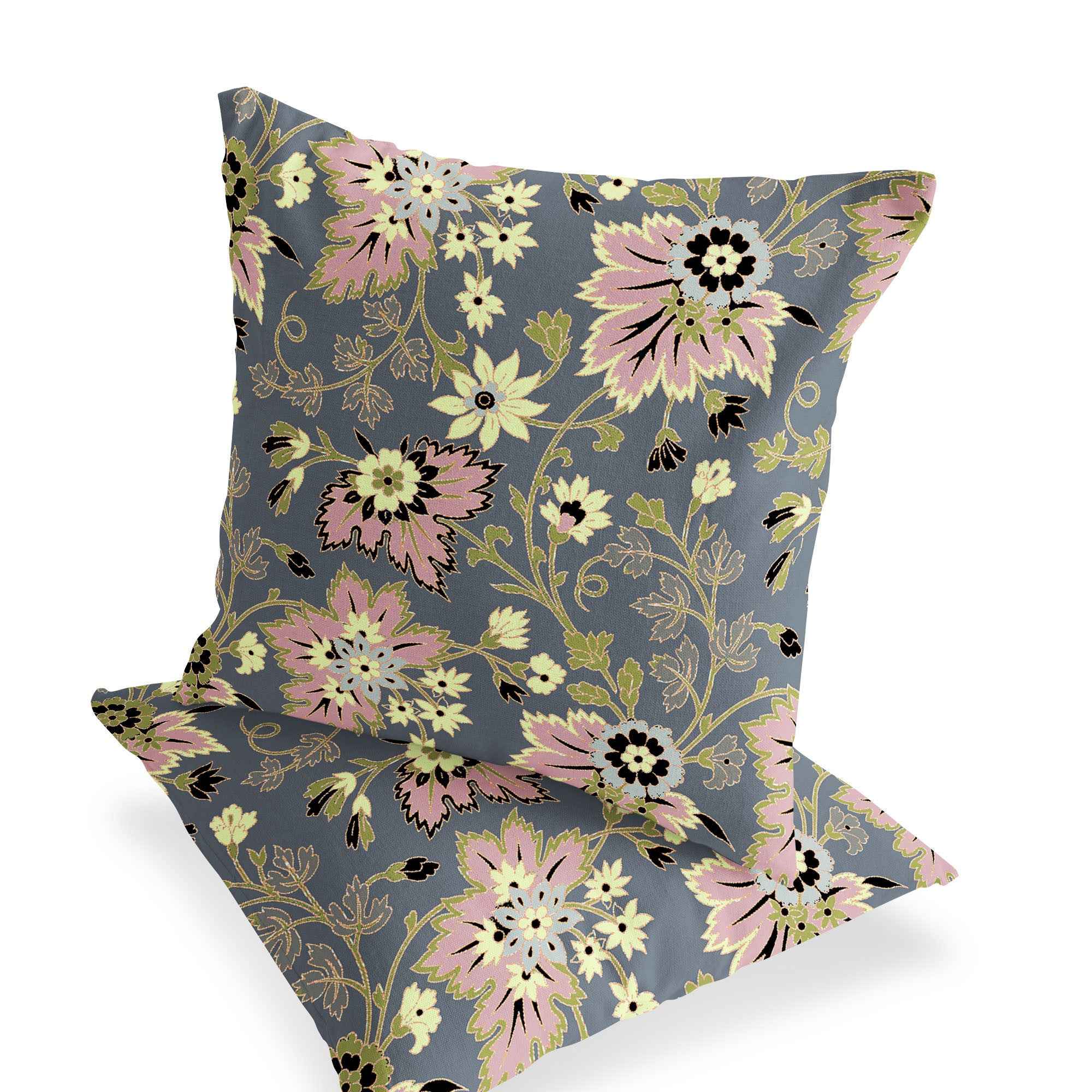 Set of Two 16" X 16" Gray and Pink Blown Seam Floral Indoor Outdoor Throw Pillow