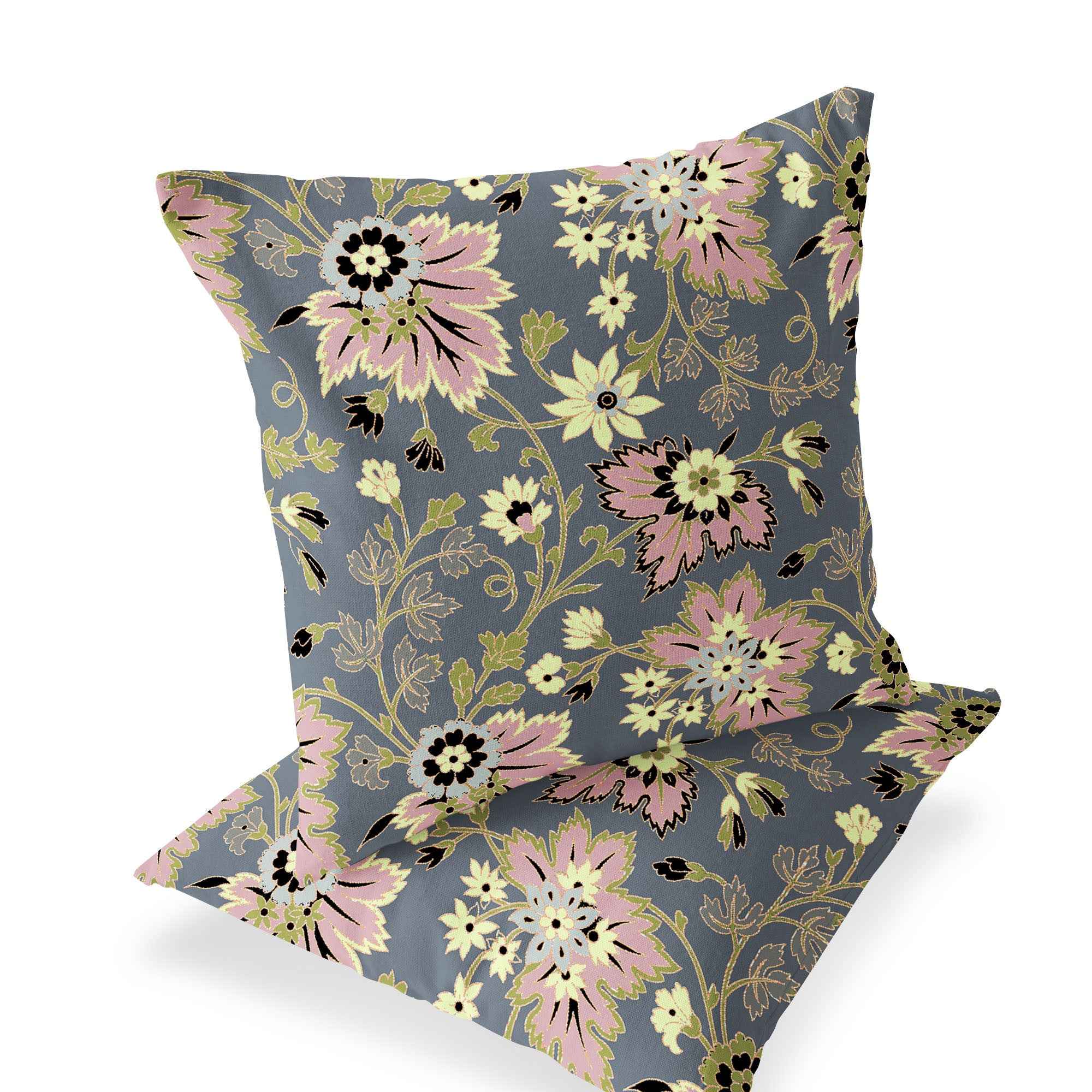 Set of Two 16" X 16" Gray and Pink Blown Seam Floral Indoor Outdoor Throw Pillow
