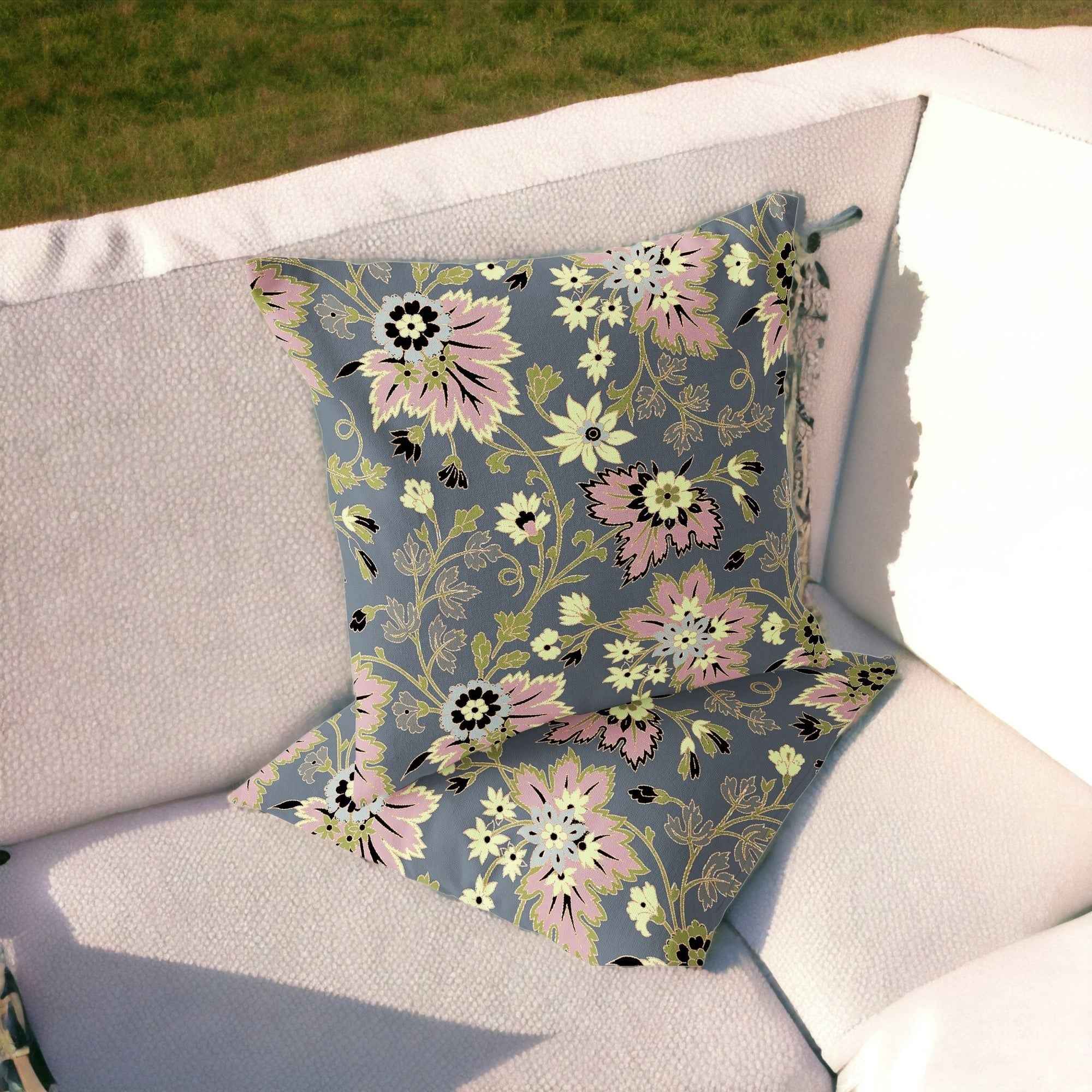 Set of Two 16" X 16" Gray and Pink Blown Seam Floral Indoor Outdoor Throw Pillow