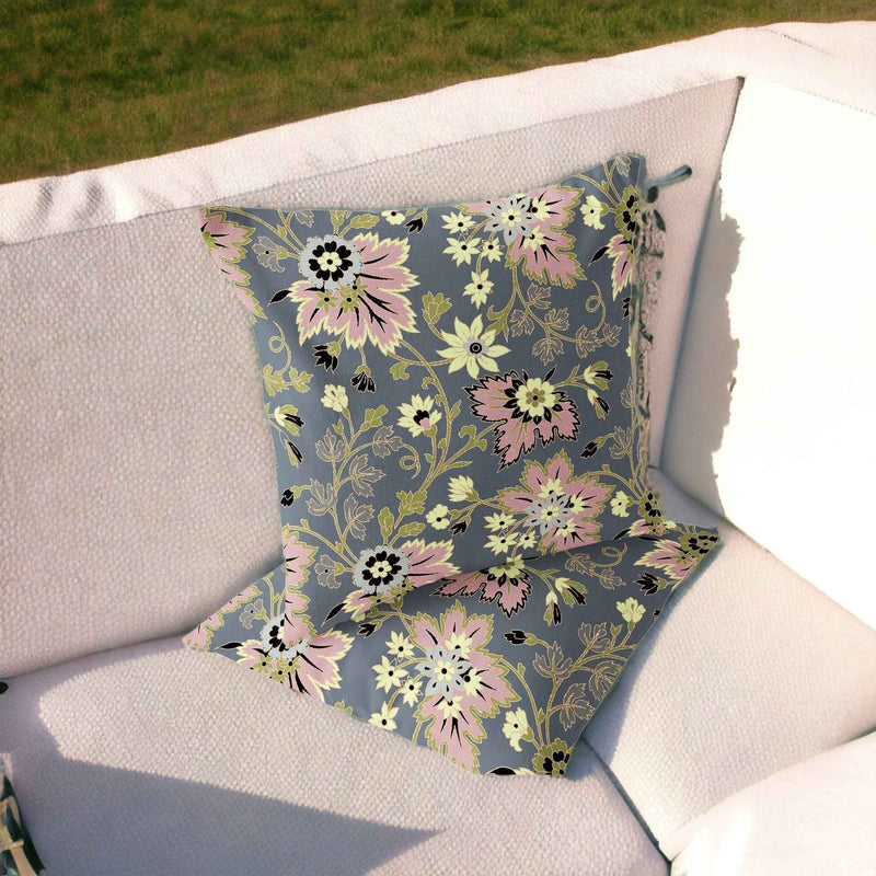 Set of Two 16" X 16" Gray and Pink Blown Seam Floral Indoor Outdoor Throw Pillow