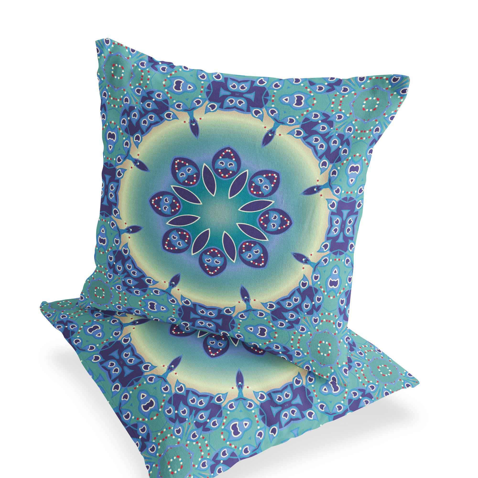 Set of Two 16" X 16" Blue and Purple Blown Seam Floral Indoor Outdoor Throw Pillow