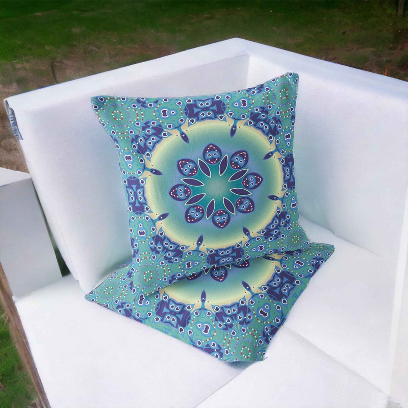 Set of Two 16" X 16" Blue and Purple Blown Seam Floral Indoor Outdoor Throw Pillow