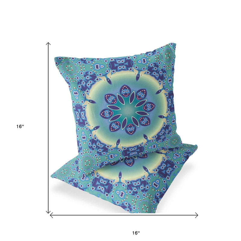 Set of Two 16" X 16" Blue and Purple Blown Seam Floral Indoor Outdoor Throw Pillow