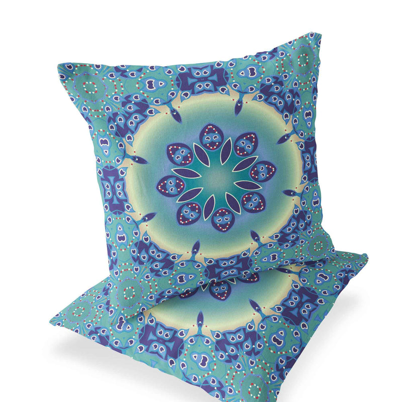 Set of Two 16" X 16" Blue and Purple Blown Seam Floral Indoor Outdoor Throw Pillow