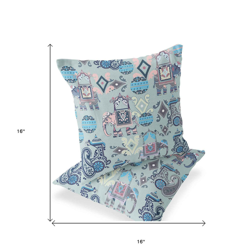 Set of Two 16" X 16" Gray and Pink Elephant Blown Seam Eclectic Indoor Outdoor Throw Pillow