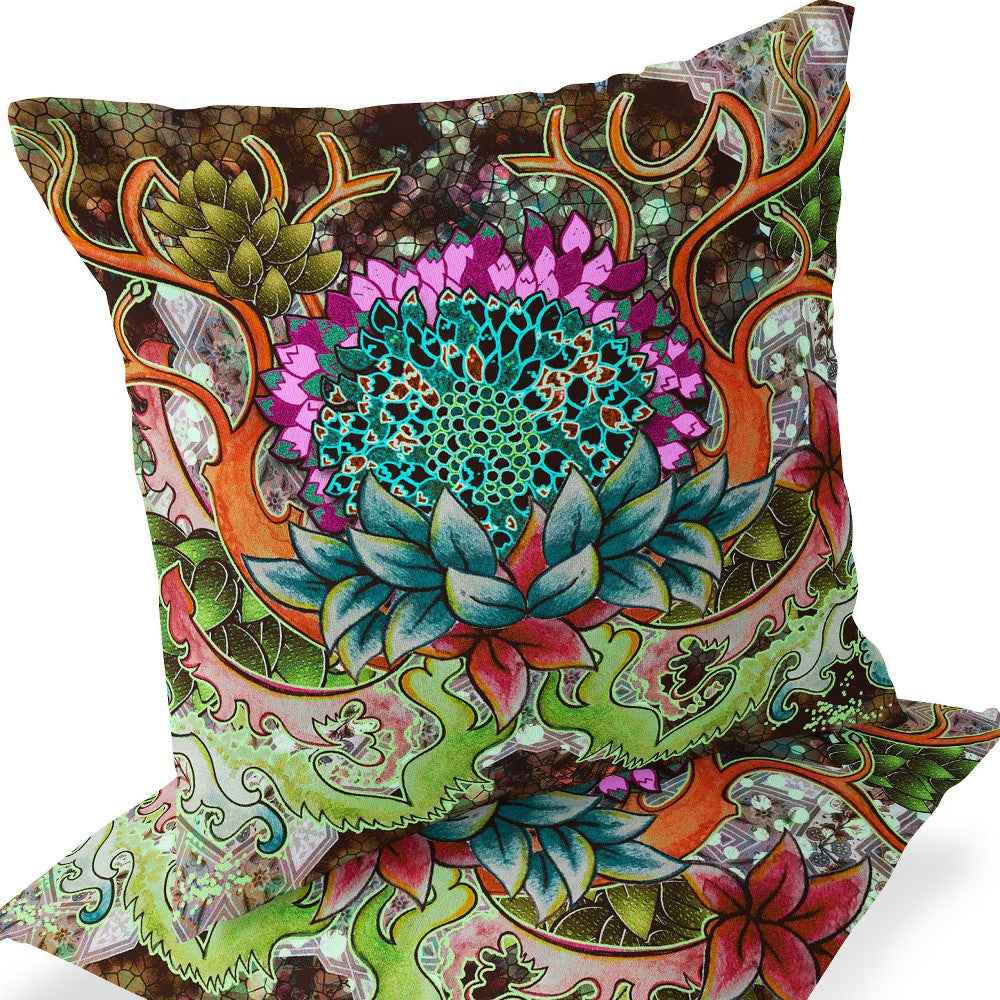 Set of Two 16" X 16" Green and Pink Blown Seam Floral Indoor Outdoor Throw Pillow