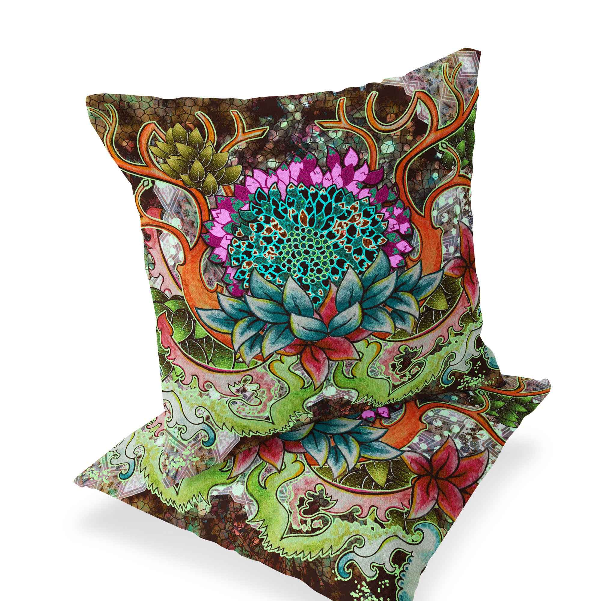 Set of Two 16" X 16" Green and Pink Blown Seam Floral Indoor Outdoor Throw Pillow