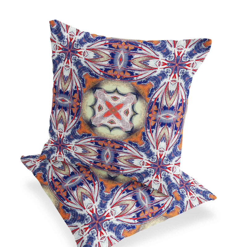 Set of Two 16" X 16" Blue and Orange Blown Seam Floral Indoor Outdoor Throw Pillow