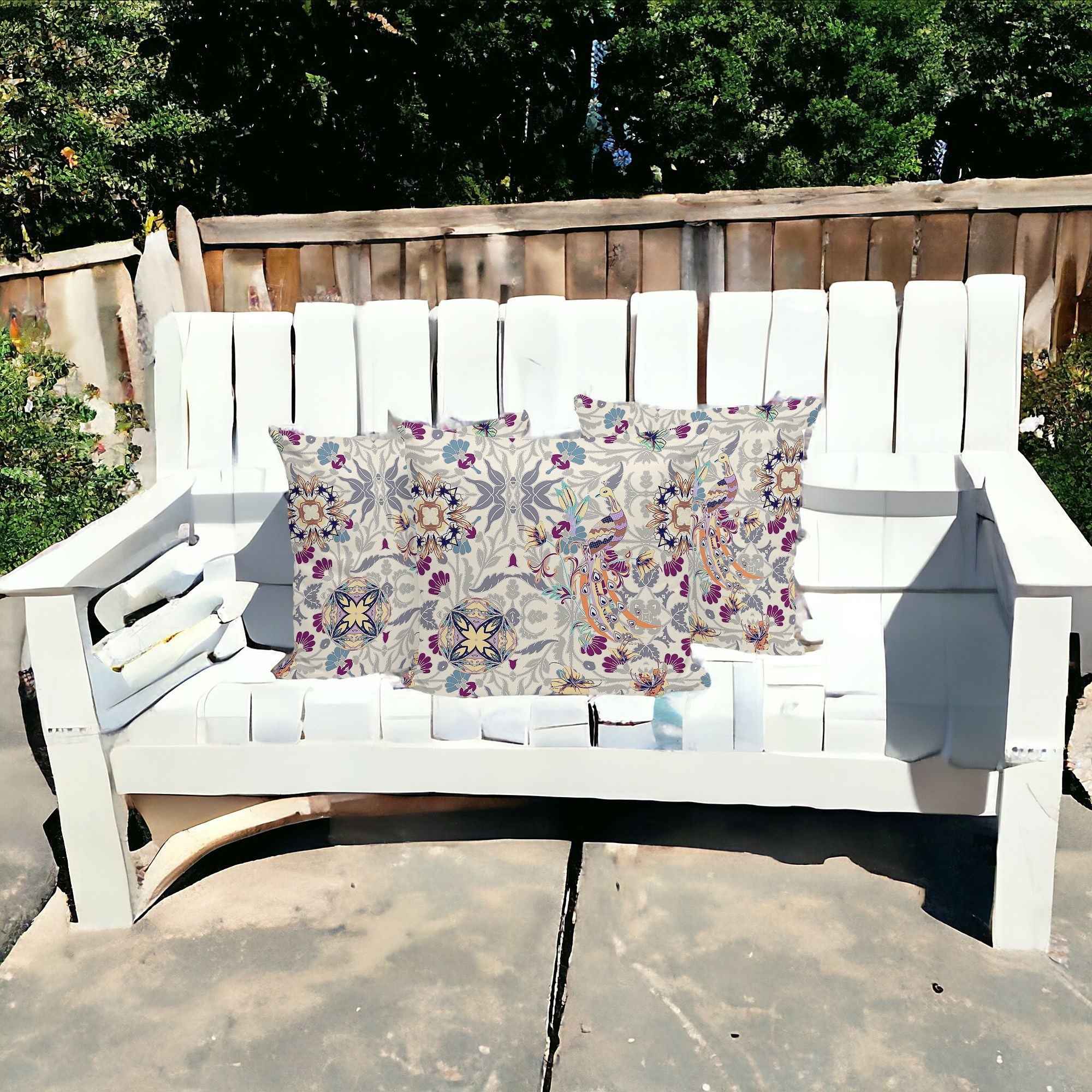 Set of Three 16" X 16" Pink and White Peacock Blown Seam Eclectic Indoor Outdoor Throw Pillow