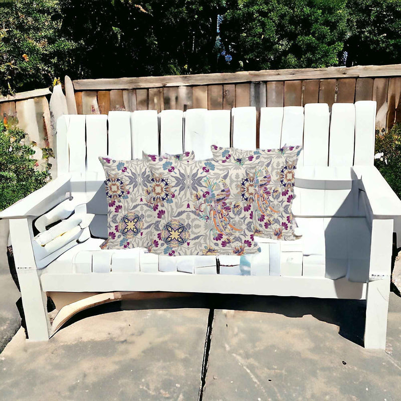 Set of Three 16" X 16" Pink and White Peacock Blown Seam Eclectic Indoor Outdoor Throw Pillow