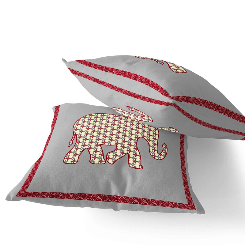 Set of Two 16" X 16" Gray and Red Elephant Blown Seam Animal Print Indoor Outdoor Throw Pillow