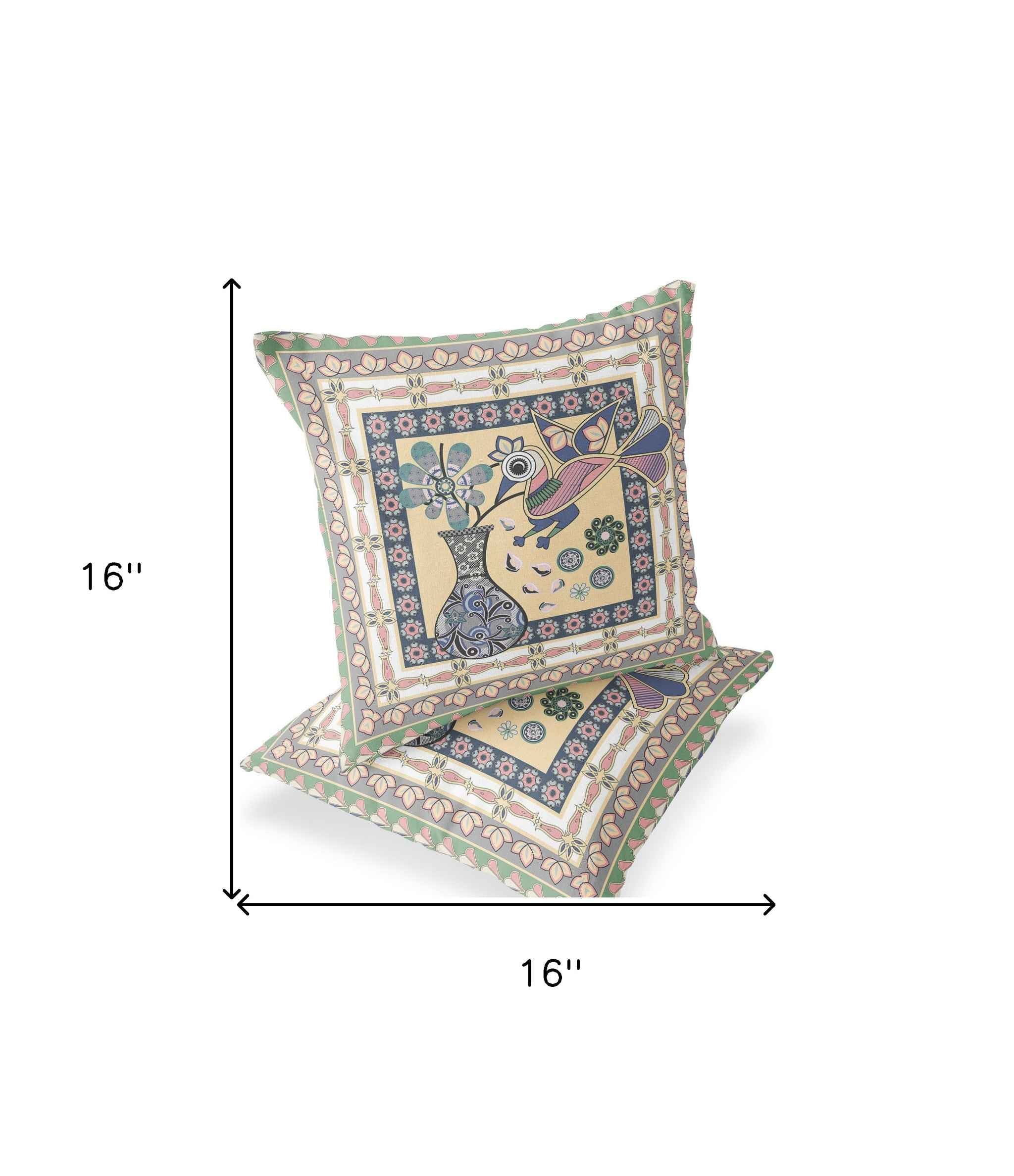 Set of Two 16" X 16" Beige and Pink Peacock Blown Seam Floral Indoor Outdoor Throw Pillows