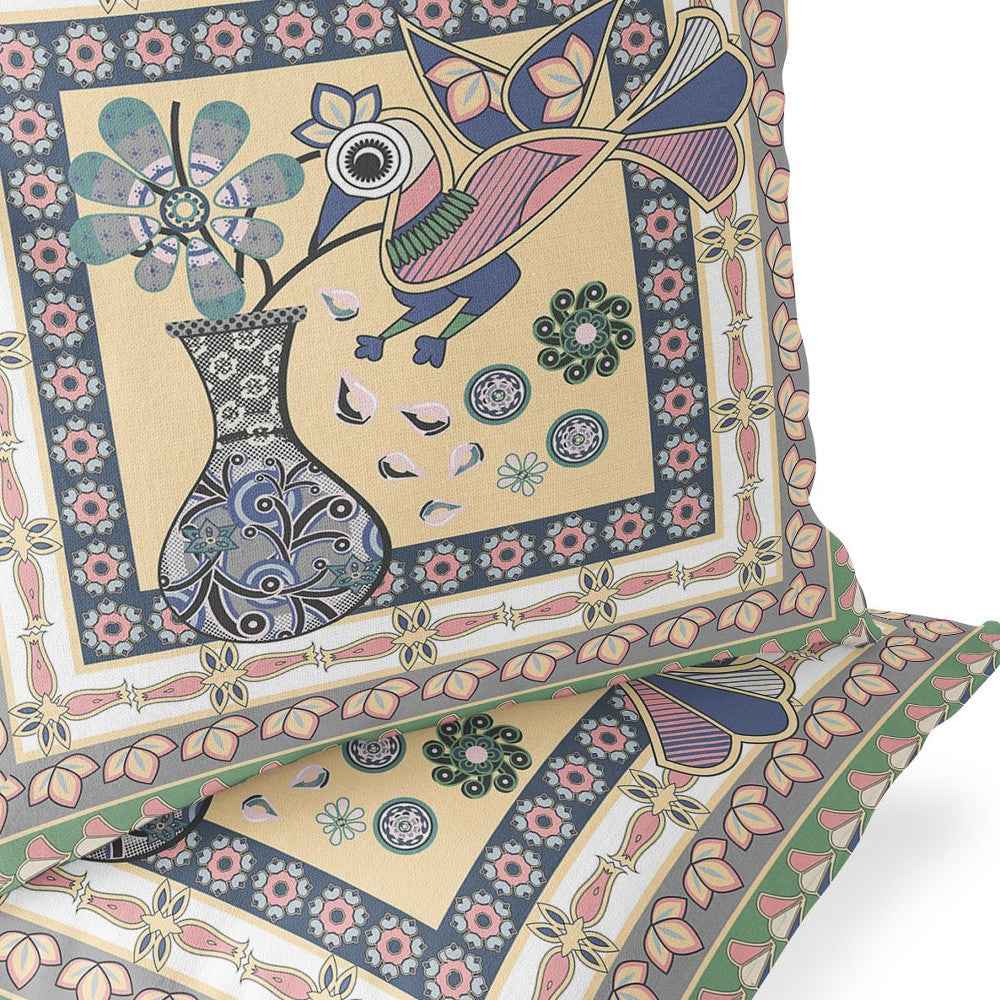 Set of Two 16" X 16" Beige and Pink Peacock Blown Seam Floral Indoor Outdoor Throw Pillows