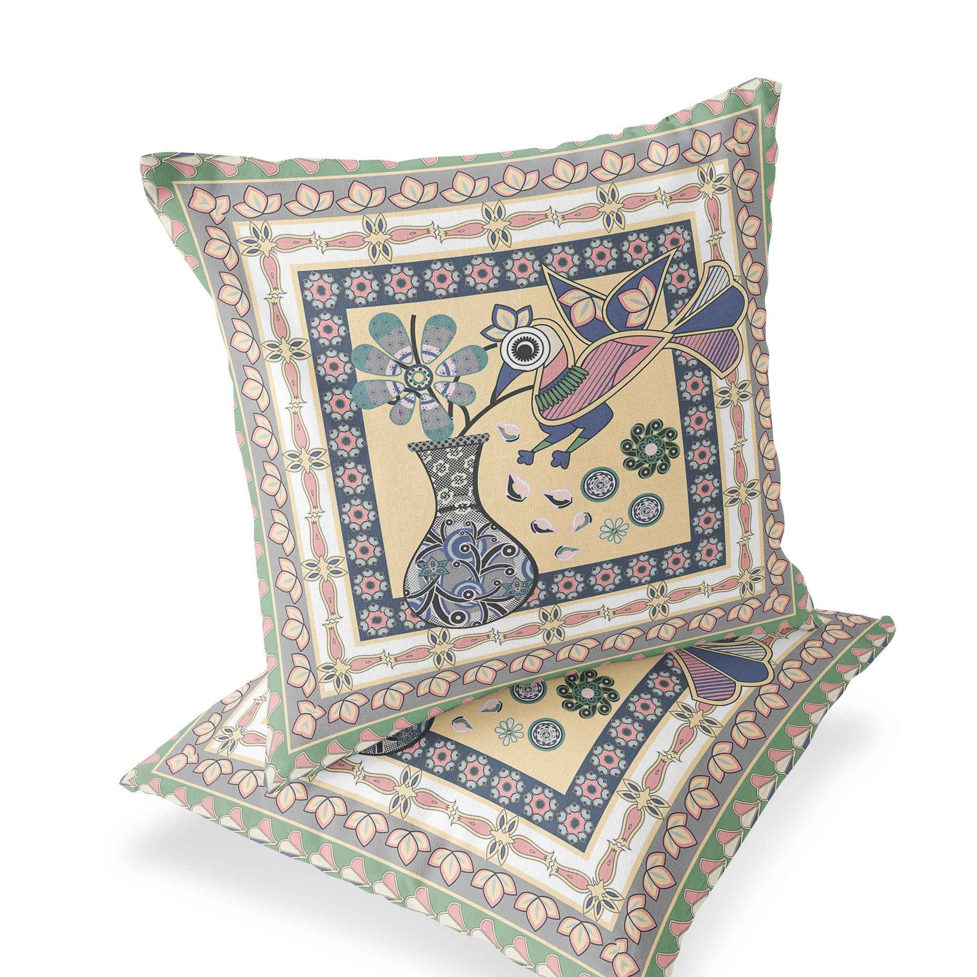 Set of Two 16" X 16" Beige and Pink Peacock Blown Seam Floral Indoor Outdoor Throw Pillows
