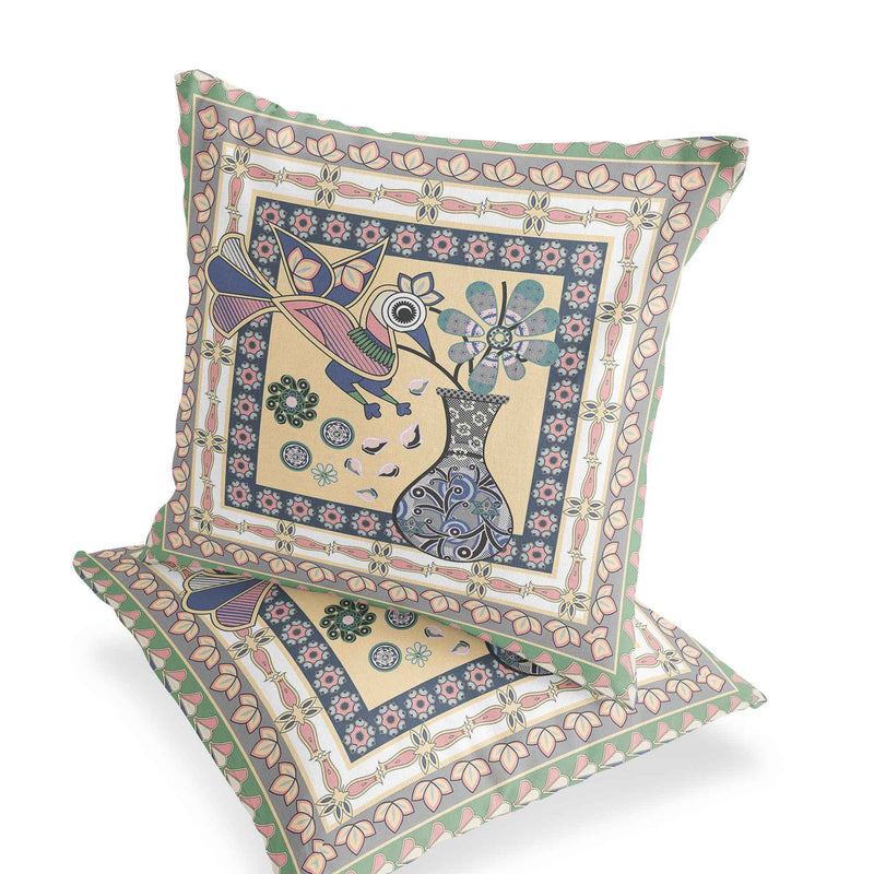 Set of Two 16" X 16" Beige and Pink Peacock Blown Seam Floral Indoor Outdoor Throw Pillows