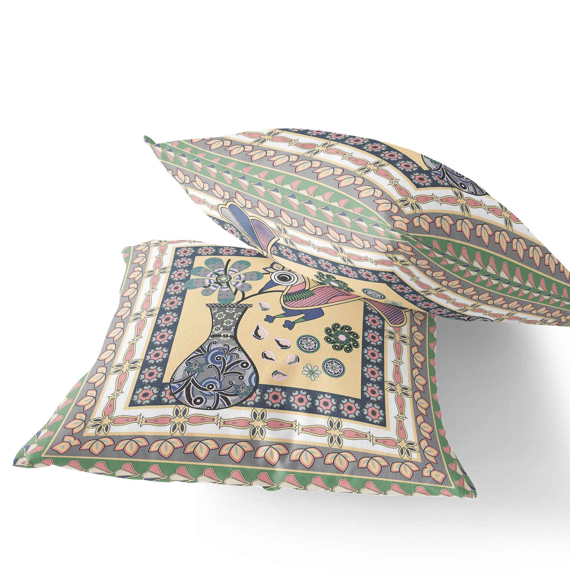 Set of Two 16" X 16" Beige and Pink Peacock Blown Seam Floral Indoor Outdoor Throw Pillows