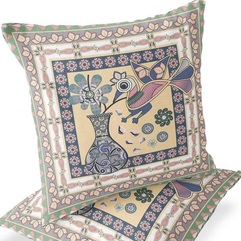 Set of Two 16" X 16" Beige and Pink Peacock Blown Seam Floral Indoor Outdoor Throw Pillows