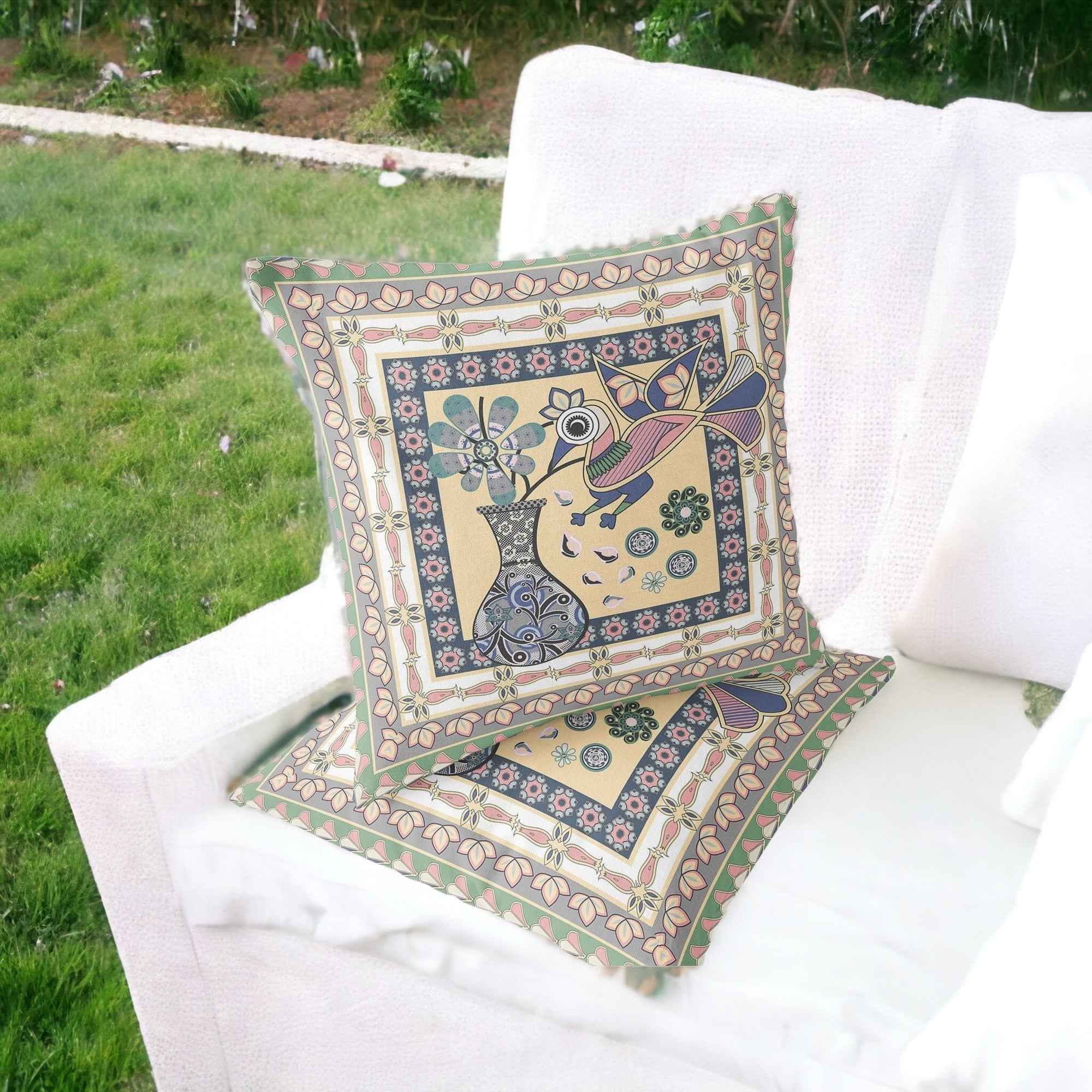 Set of Two 16" X 16" Beige and Pink Peacock Blown Seam Floral Indoor Outdoor Throw Pillows