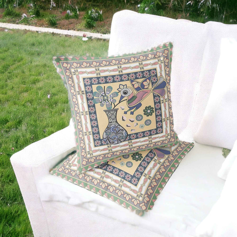 Set of Two 16" X 16" Beige and Pink Peacock Blown Seam Floral Indoor Outdoor Throw Pillows