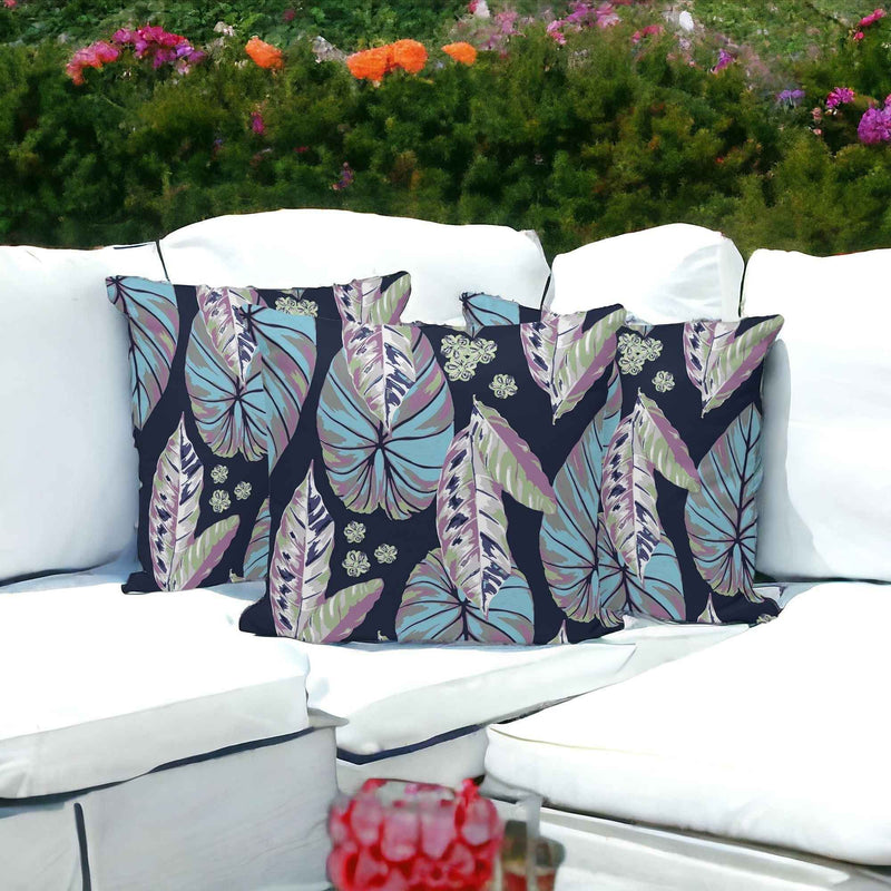 Set of Three 16" X 16" Blue and Purple Botanical Indoor Outdoor Throw Pillow