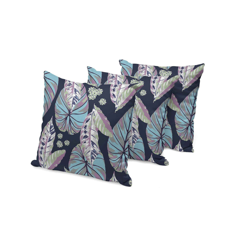 Set of Three 16" X 16" Blue and Purple Botanical Indoor Outdoor Throw Pillow
