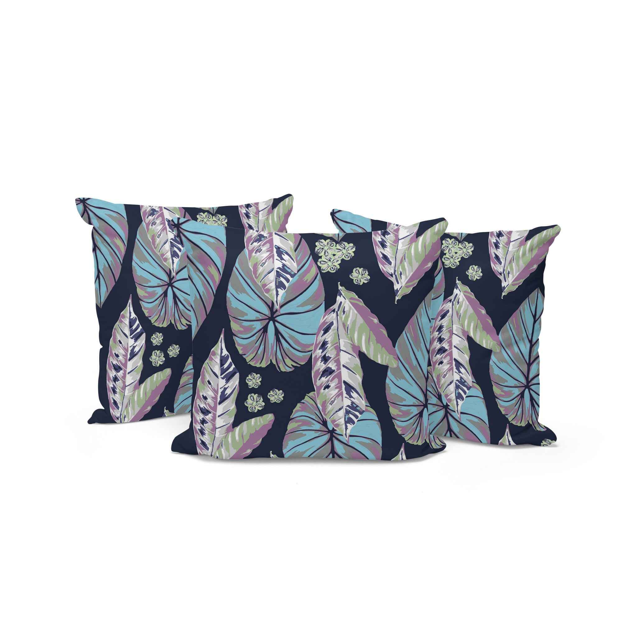 Set of Three 16" X 16" Blue and Purple Botanical Indoor Outdoor Throw Pillow