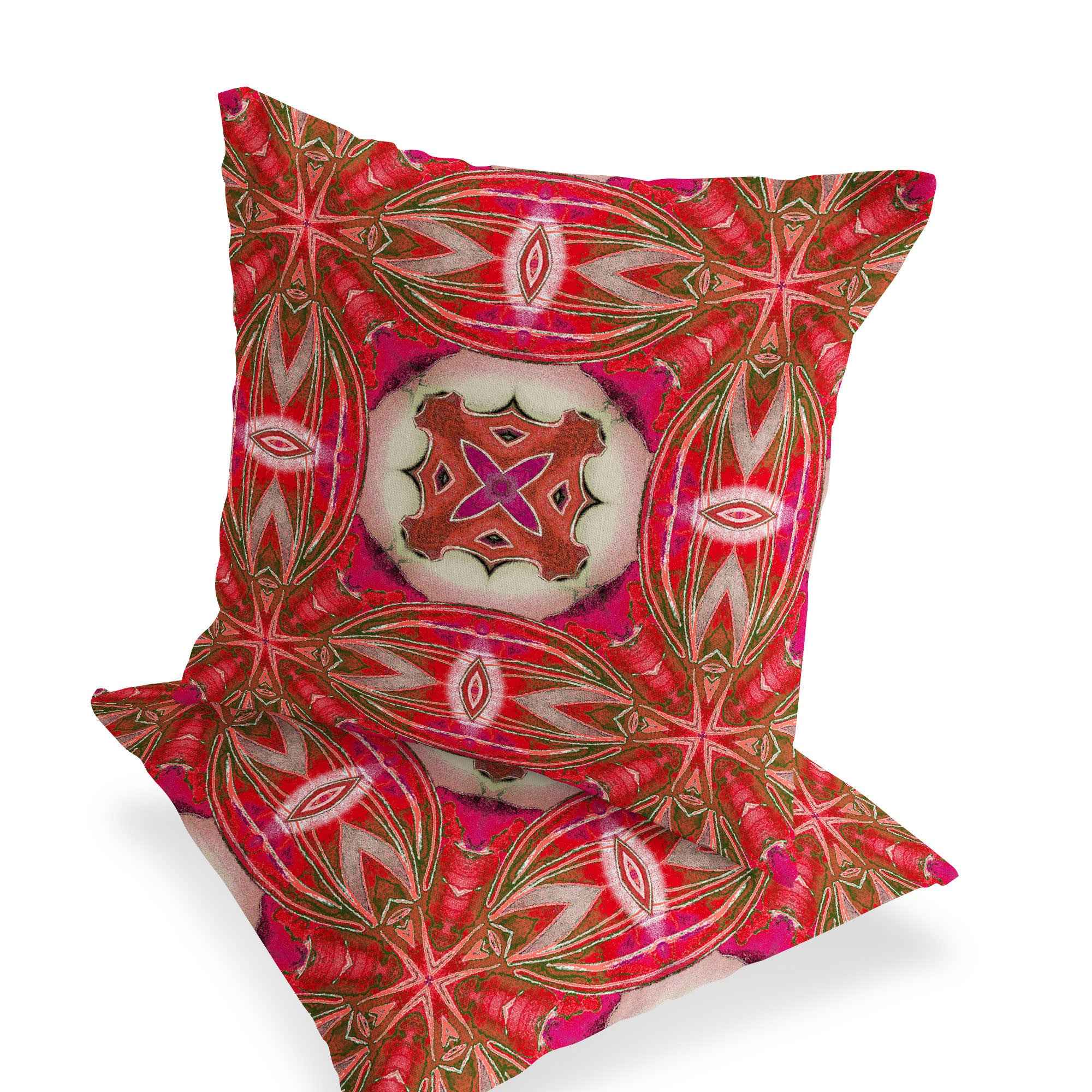 Set of Two 16" X 16" Gray and Pink Blown Seam Floral Indoor Outdoor Throw Pillow