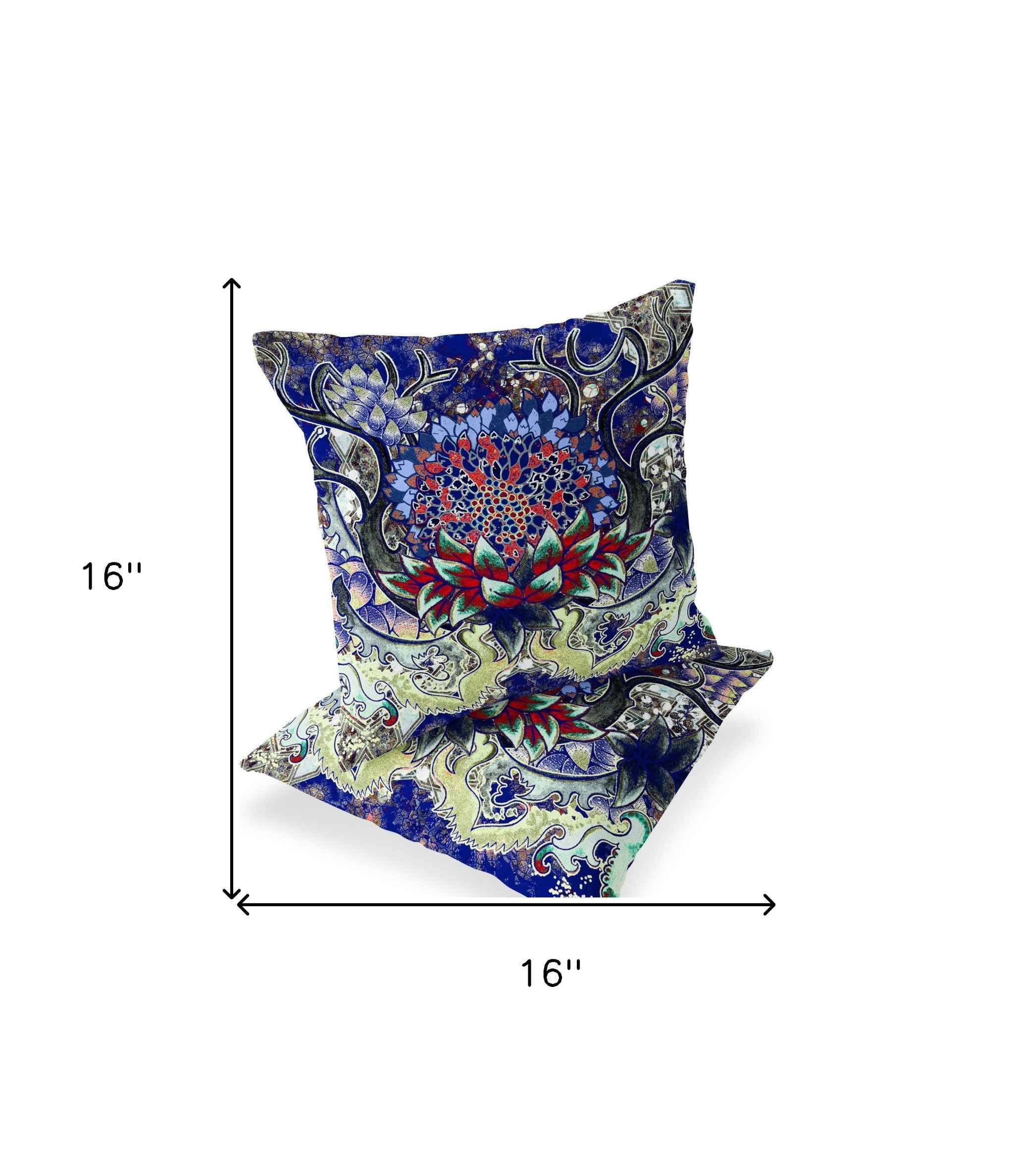 Set of Two 16" X 16" Blue and Green Blown Seam Floral Indoor Outdoor Throw Pillow