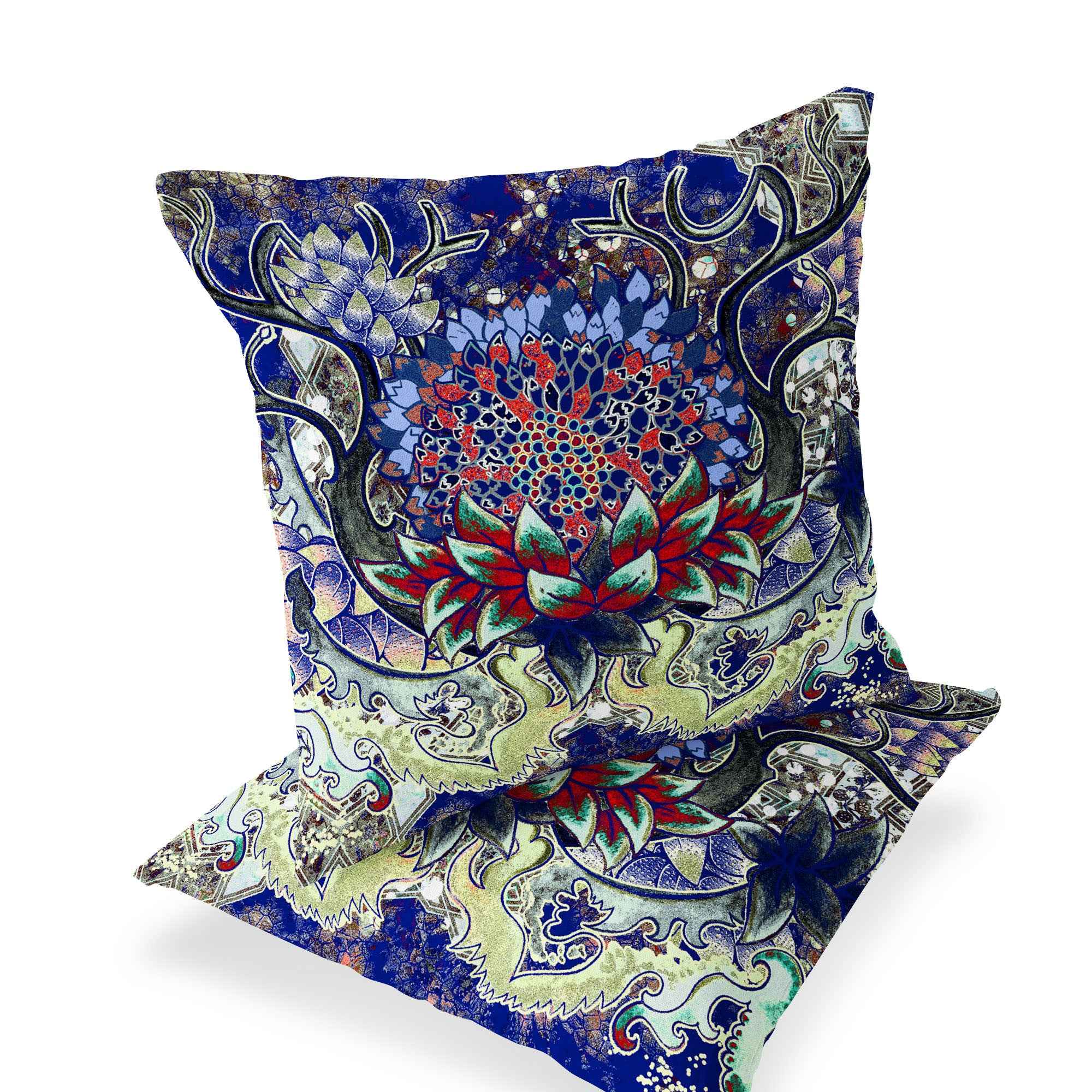 Set of Two 16" X 16" Blue and Green Blown Seam Floral Indoor Outdoor Throw Pillow