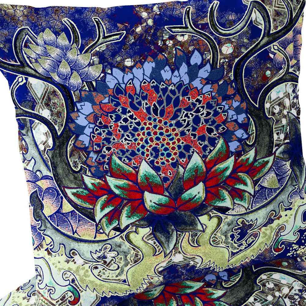 Set of Two 16" X 16" Blue and Green Blown Seam Floral Indoor Outdoor Throw Pillow